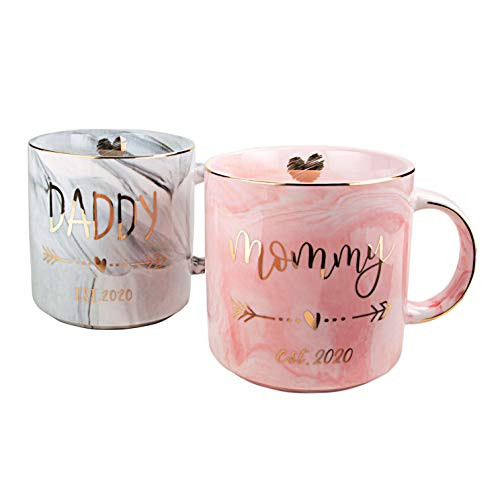 Vilight New Mom and First Time Pregnancy Gifts - Mommy and Daddy est 2020 Mugs for Parents to be - Marble Ceramic Cup 11_5 oz