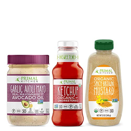 Primal Kitchen Condiment Dipping Kit - Contains Avocado Oil Garlic Aioli Mayo Organic Unsweetneed Ketchup and Organic Spicy Brown Mustard Whole 30 Approved - 3 Bottles
