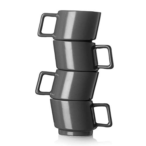 DOWAN Porcelain Espresso Cups 2_7 Ounces Espresso Coffee Cup Set of 4 Funny Demitasse Cups Stackable Espresso Mugs Dark Grey