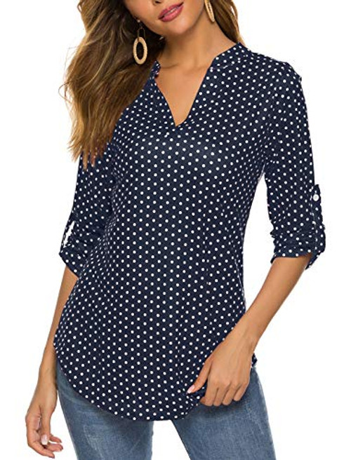 Blouses for WomenHalife Floral V-Neck Long Sleeve Casual T-Shirt Tops Blouse Office Wear Navy Blue M