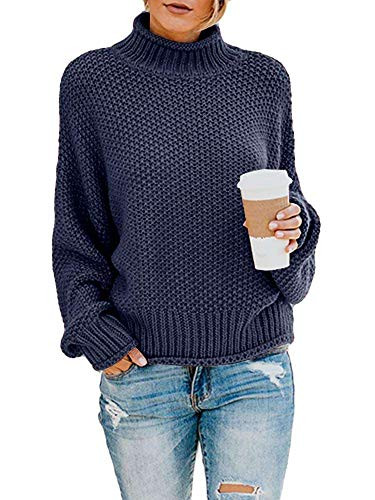 botlav Women Turtleneck Oversized Pullover Sweater Crochet Chunky Knit Batwing Long Sleeve Jumper Navy