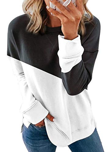 Acelitt Women Ladies Long Sleeve Crewneck Color Block Sweatshirt Side Split Pullover Fall Loose Basic Tunic Shirts Tops Blouse Black White XL