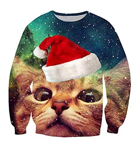 Cutiefox Womens Ugly Cute Cat Christmas 3D Print Crew Neck Long Sleeve Pullover Sweater Sweatshirts Blue M