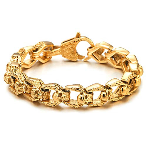 COOLSTEELANDBEYOND Biker Bracelet Gothic Skull Stainless Steel Gold Color Bracelet for Men Vintage Old Metal Finishing COOLSTEELANDBEYOND Biker Bracelet Gothic Skull Stainless Steel Gold Color Bracelet for Men Vintage Old Metal Finishing