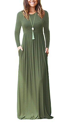 MISFAY Womens Long Sleeve Loose Plain Maxi Dresses Casual Long Dresses with Pockets M 1-ls Army Green