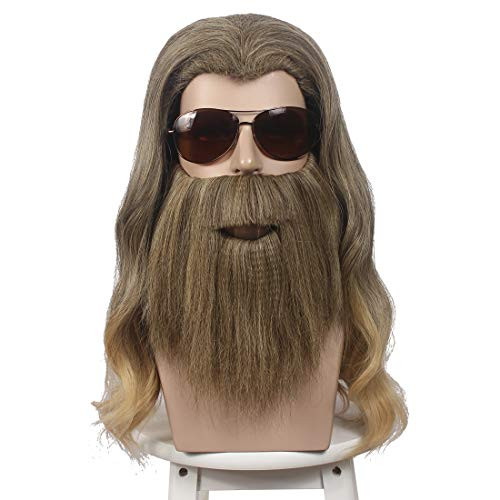 wildcos Long Curly Golden Brown Hair and Beard Cosplay Wig for Men