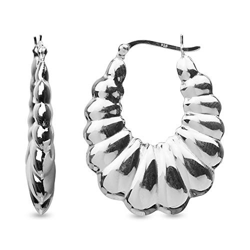 LeCalla Sterling Silver Jewelry Hollow Puff Shrimp Oval Hoop Earrings for Women Teen 34MM