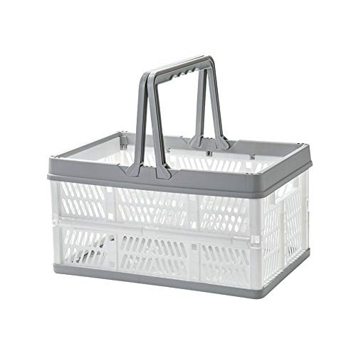 Mornenjoy Collapsible Plastic Basket Folding Storage Crates Grocery Shopping Baskets with Handles Stackable Storage Containers Bins Picnic Baskets for Milk Toys Food Clothes M Grey-White