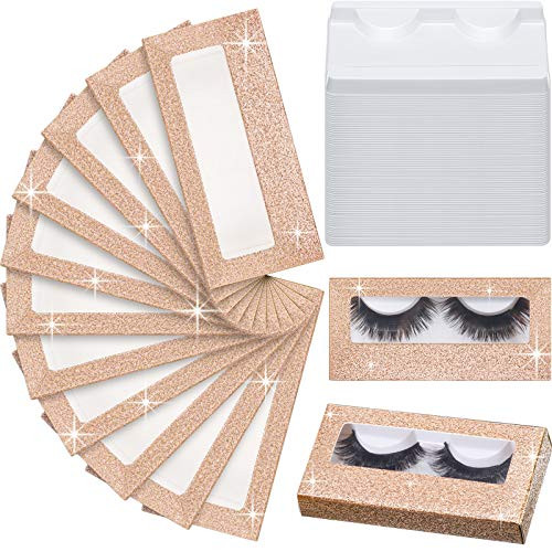100 Pieces Empty Eyelash Case Set 50 Empty Eyelash Boxes Lash Box Packaging Glitter Paper Eyelash Storage Box 50 Empty Eyelash Boxes Tray False Eyelash Storage Box Packing Eyelash Tray Champagne