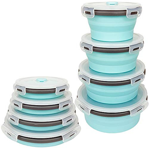 CARTINTS Blue Collapsible Bowls Silicone Food Storage Containers Silicone Camping Bowls with Airtight Lids Microwave and Freezer Safe Set of 4