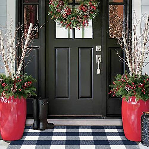 Buffalo Plaid Outdoor Rug Runner 24 x 51 Collive BlueWhite Cotton Woven Checkered Farmhouse Outdoor Rugs Washable Porch Indoor Front Door Mats