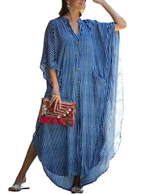 Bsubseach Womens Blue Striped Bikini Swimsuit Cover Ups Plus Size Button Up Beach Kaftan Shirt Dress