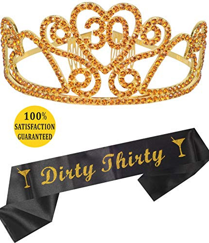 30th Birthday Gold Tiara and Sash, HAPPY 30th Birthday Party Supplies, Dirty 30 Glitter Satin Sash and Crystal Tiara Birthday Crown for 30th Birthday Party Supplies and Decorations (Gold)