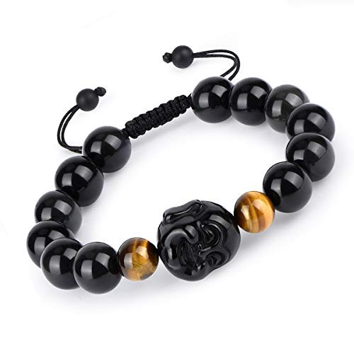 HASKARE Black Obsidian Wealth Bracelet - 10mm Natural Stone Beads Obsidian and Tiger Eye Buddha Chakra Yoga Bracelet 7-8 Adjustable Golden Obsidian HASKARE Black Obsidian Wealth Bracelet - 10mm Natural Stone Beads Obsidian and Tiger Eye Buddha Chakra Yoga Bracelet 7-8 Adjustable Golden Obsidian
