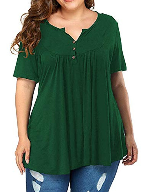 VISLILY Womens Plus Size Tee Shirt Short Sleeve Pleated Henley Tunic Tops Dark Green 22W