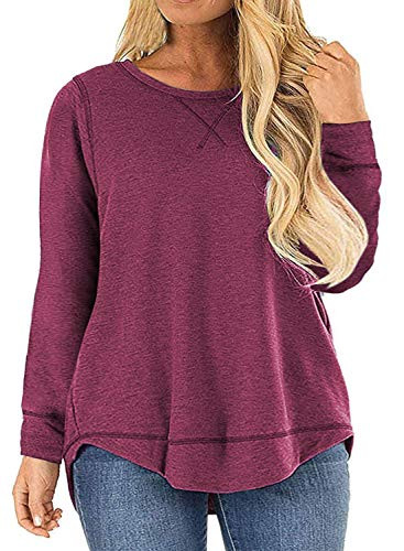 Plus Size Tee Shirts for Womens Long Sleeve O-Neck Side Split Fall Tops Blouses Wine Red 22W