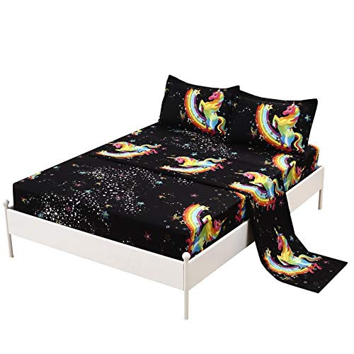 SDIII Colorful Unicorn Bedding Sheet Sets Galaxy Bed Sheets with Flat Fitted Sheet for Boys Girls and Teens Queen Colorful Unicorn