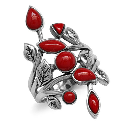 Silvershake Created Red Coral 925 Sterling Silver Leaf Vintage Style Ring Size 7 Silvershake Created Red Coral 925 Sterling Silver Leaf Vintage Style Ring Size 7