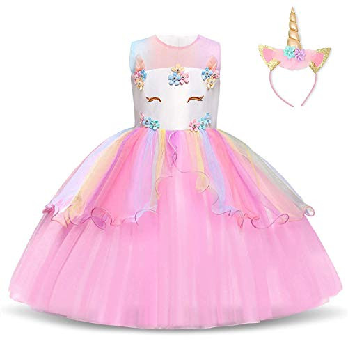 TTYAOVO Flower Girls Unicorn Costume Dress Girl Princess Pageant Party Dress 5-6 Years Pink