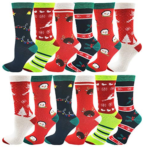 Womens Christmas Socks 12 Pairs Holiday Xmas Novelty Colorful Patterns 12 Pairs Assorted Crew Socks 3