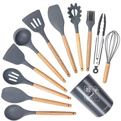 Silicone Cooking Utensil Set SHEMKAR 12PCS Kitchen Utensil Set Tools Turner Tongs Spatula Spoon Brush Whisk Wooden Handles Kitchen Gadgets Tools Set for Non-stick Heat Resistant Cookware