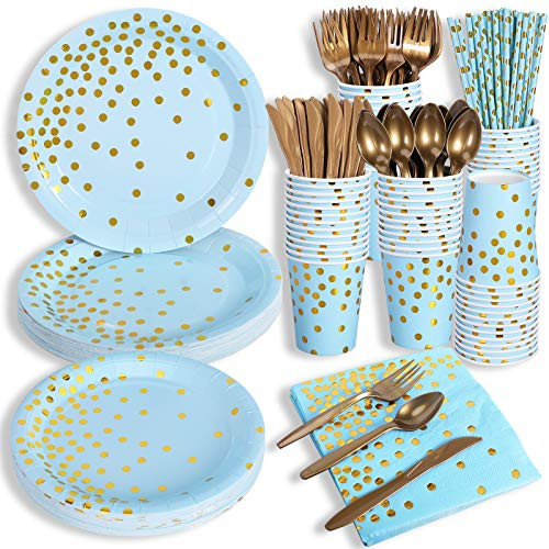 Disposable Paper Plates Dinnerware Set - Dinner Plates Dessert Plates 9oz Cups Napkins Cutlery Straws for Wedding Birthday Party Christmas Baby Shower Serves 24