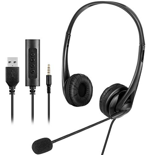 HelloCreate Wired Headset with Mic 3_5mmUSB Plug Over-Ear Headphone with Mic Volume Control for PC Mobile Phone