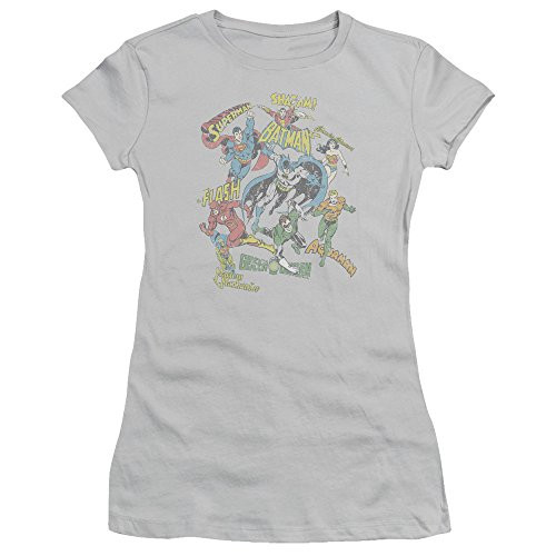 DC Super Collage Juniors Sheer Fitted T Shirt X-Large Silver