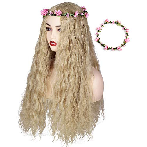 ColorGround Long Blonde Fluffy Cosplay Wig with Pink Flower Headband for Women