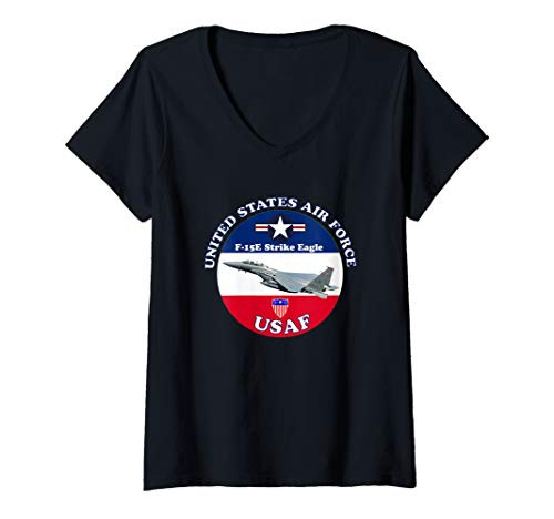 Womens AIR FORCE F-15E STRIKE EAGLE AIRCRAFT ROUND V-Neck T-Shirt Womens AIR FORCE F-15E STRIKE EAGLE AIRCRAFT ROUND V-Neck T-Shirt