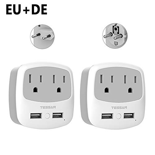 European Plug Adapter TESSAN US to Europe Power Adaptor with 2 USB Charger 2 AC Outlets International Travel Adapter for EU Italy Spain France Germany Iceland Israel GreeceType CType EF