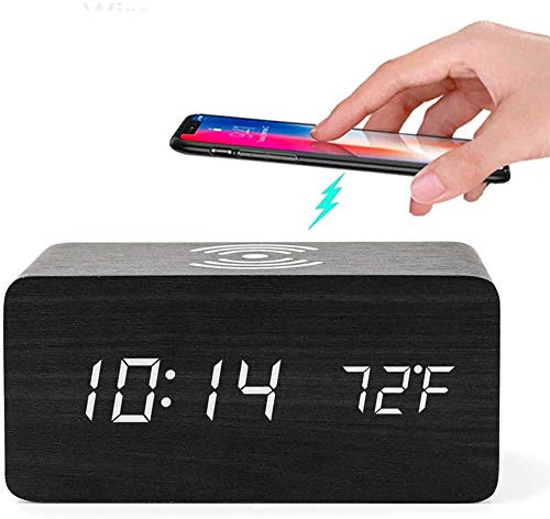 HZDHCLH Wooden Digital Alarm Clock with Wireless Charging 3 Alarms LED Display Time Date Temperature Display Sound Control and Snooze Dual for Bedroom Bedside Office Black