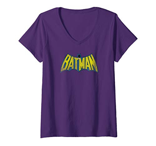 Womens Batman Classic Logo Distressed V-Neck T-Shirt