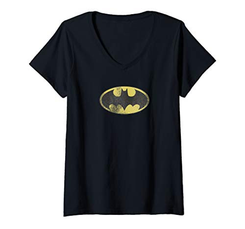 Womens Batman Retro Bat Logo Distressed V-Neck T-Shirt