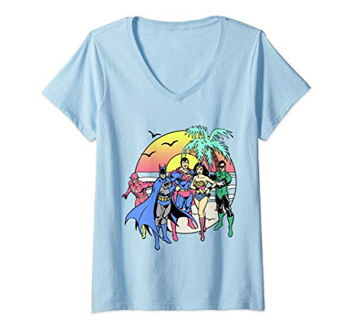 Womens DC Comics Justice League Sunset Beach Portrait V-Neck T-Shirt