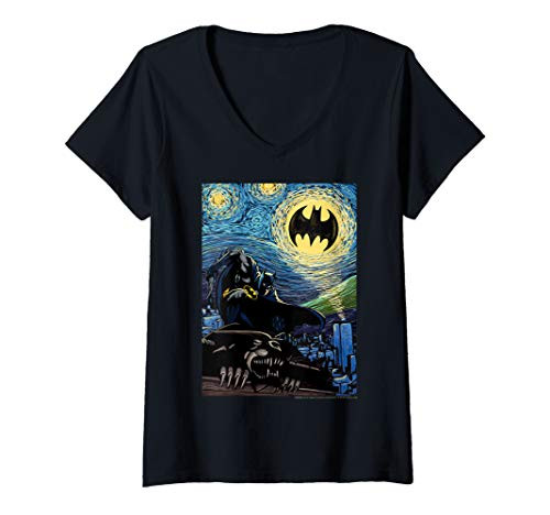 Womens DC Comics Batman Starry Night Style Painting V-Neck T-Shirt