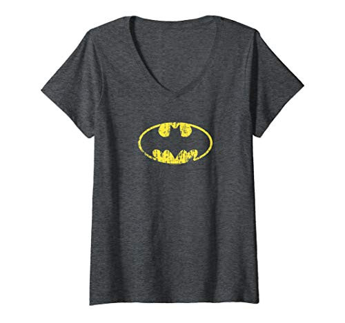 Womens Batman Classic Logo Distressed Gray V-Neck T-Shirt