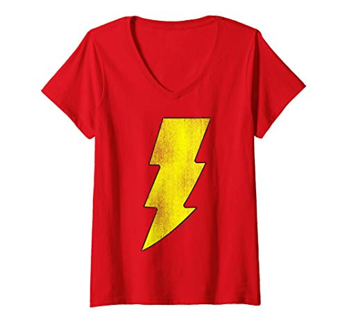 Womens Shazam Logo Distressed V-Neck T-Shirt