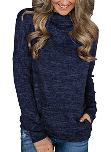 Unidear Womens Cowl Neck Solid Long Sleeve Slim Pullover Top Sweatshirt Pockets 1Navy Blue L