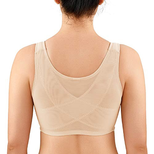 LAUDINE Womens Full Coverage Front Closure Wire Free Back Support Posture Bra Beige 32C
