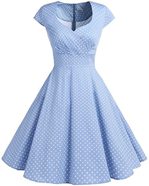 Bbonlinedress Women Short 1950s Retro Vintage Cocktail Party Swing Dresses Blue Small White Dot 3XL