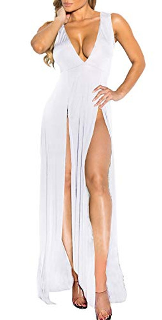 Womens Bandage Side Split V Neck Sleeveless Bodycon Clubwear Maxi Vest Dress White S