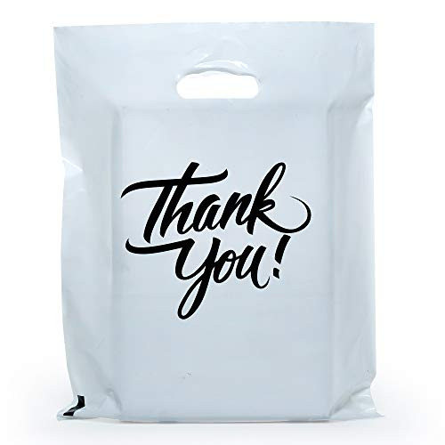 InfinitePack 100 Pieces White Thank You Merchandise Bags 12x15 Die Cut Handles Retail Shopping Bags for Boutique Goodie Bags Gift Bags Bulk Favors Extra Thick 2_35 Mil Reusable Plastic Bags