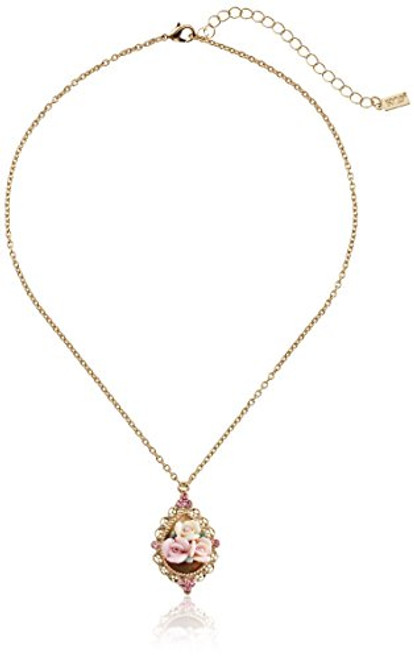 1928 Jewelry Gold-Tone Pink Crystal and Pink Porcelain Rose Adjustable Pendant Necklace 16