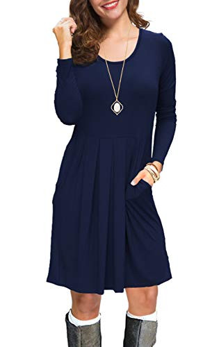 KORSIS Womens Long Sleeve Pleated Loose Swing Casual Dress with Pockets NavyBlue L