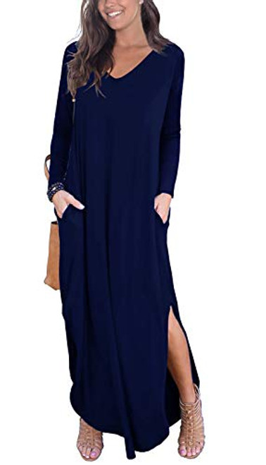 GRECERELLE Womens Casual Loose Pocket Long Dress Long Sleeve Split Maxi Dresses Navy Blue X-Small GRECERELLE Womens Casual Loose Pocket Long Dress Long Sleeve Split Maxi Dresses Navy Blue X-Small