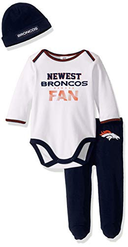 NFL Denver Broncos Boys BODYSUIT FOOTED PANT AND CAP Team Color 6-9M 3 piece