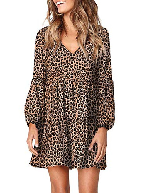 Eytino Women Summer Tunic Dress V Neck Long Sleeve Casual Loose Flowy Swing Shift DressMedium Leopard