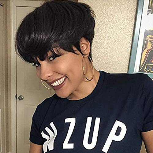 RUISENNA Short Wigs With Bangs Pixie Cut Human Hair Wigs for Black Women Natural Wavy Daily Wigs 1B Color