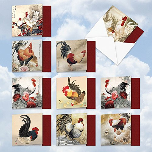 MQ4940OCB-B1x10 General Tso's Chicken: 10 Assorted Blank Note Cards Featuring Chinese Paintings of Chickens and Roosters, with Envelopes. MQ4940OCB-B1x10 General Tso's Chicken: 10 Assorted Blank Note Cards Featuring Chinese Paintings of Chickens and Roosters, with Envelopes.